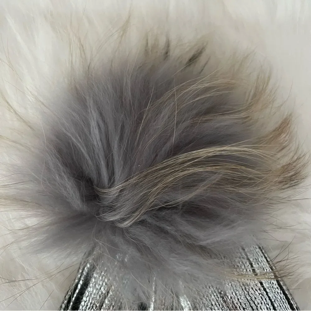 Bari Lynn Silver Metallic Beanie with Fur PomPom